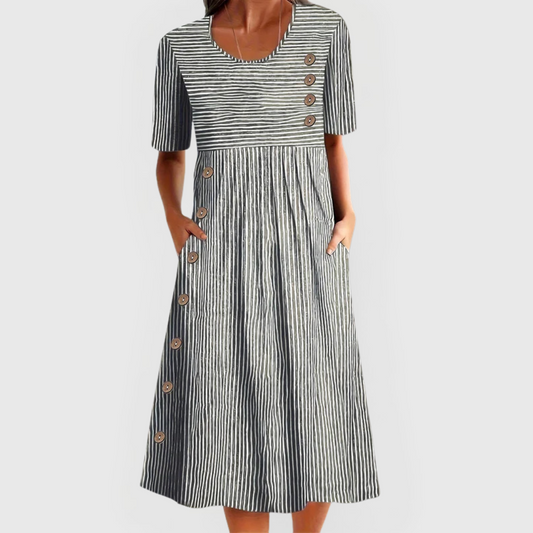 Striped 3/4 Sleeve Midi Dress – Grey