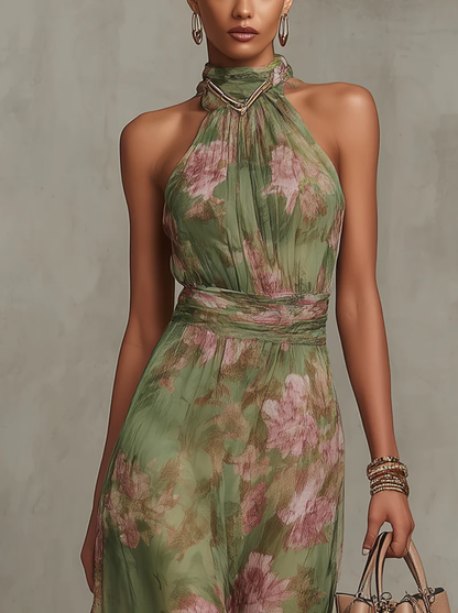 Green Floral Halter Neck Maxi Dress – view 3