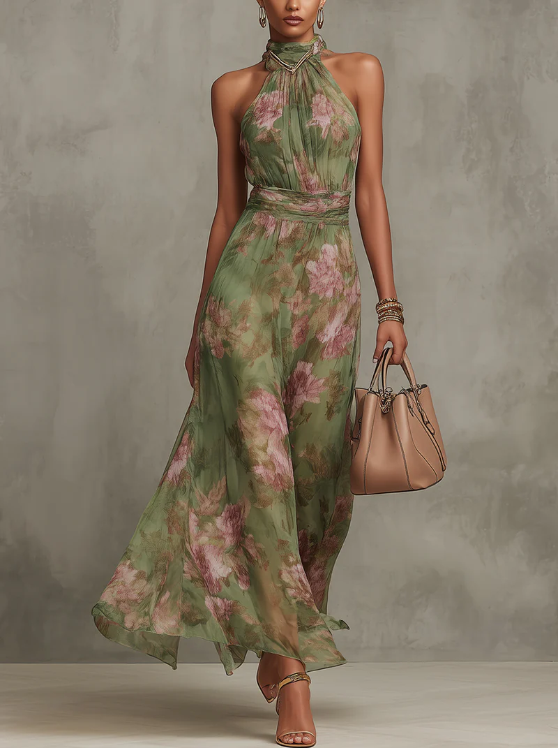 Green Floral Halter Neck Maxi Dress – Green Floral