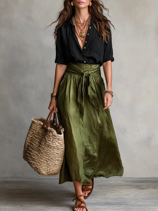 Black Tee and Olive Midi Skirt Two Piece Set – Black & Olive