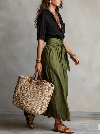 Black Tee and Olive Midi Skirt Two Piece Set – view 2