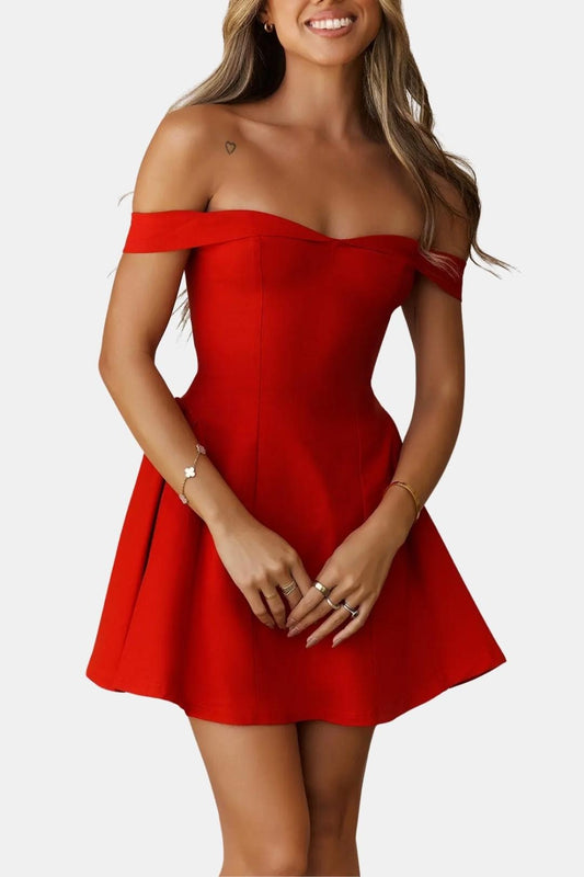 Off-Shoulder Flared Mini Dress in Red – front view