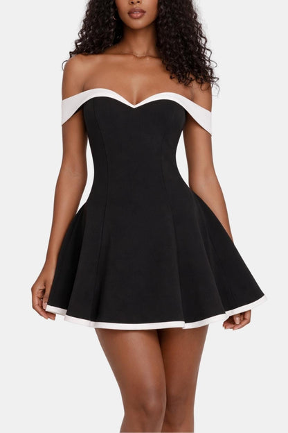 Off-Shoulder Flared Mini Dress in Black – front view showing white trim