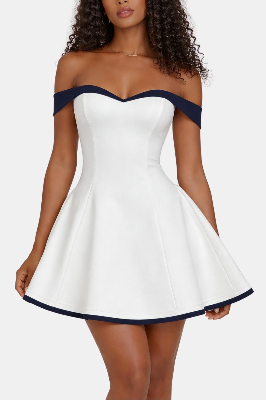 Off-Shoulder Flared Mini Dress in White – front view showing navy trim