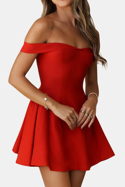 Off-Shoulder Flared Mini Dress in Red – close-up front view