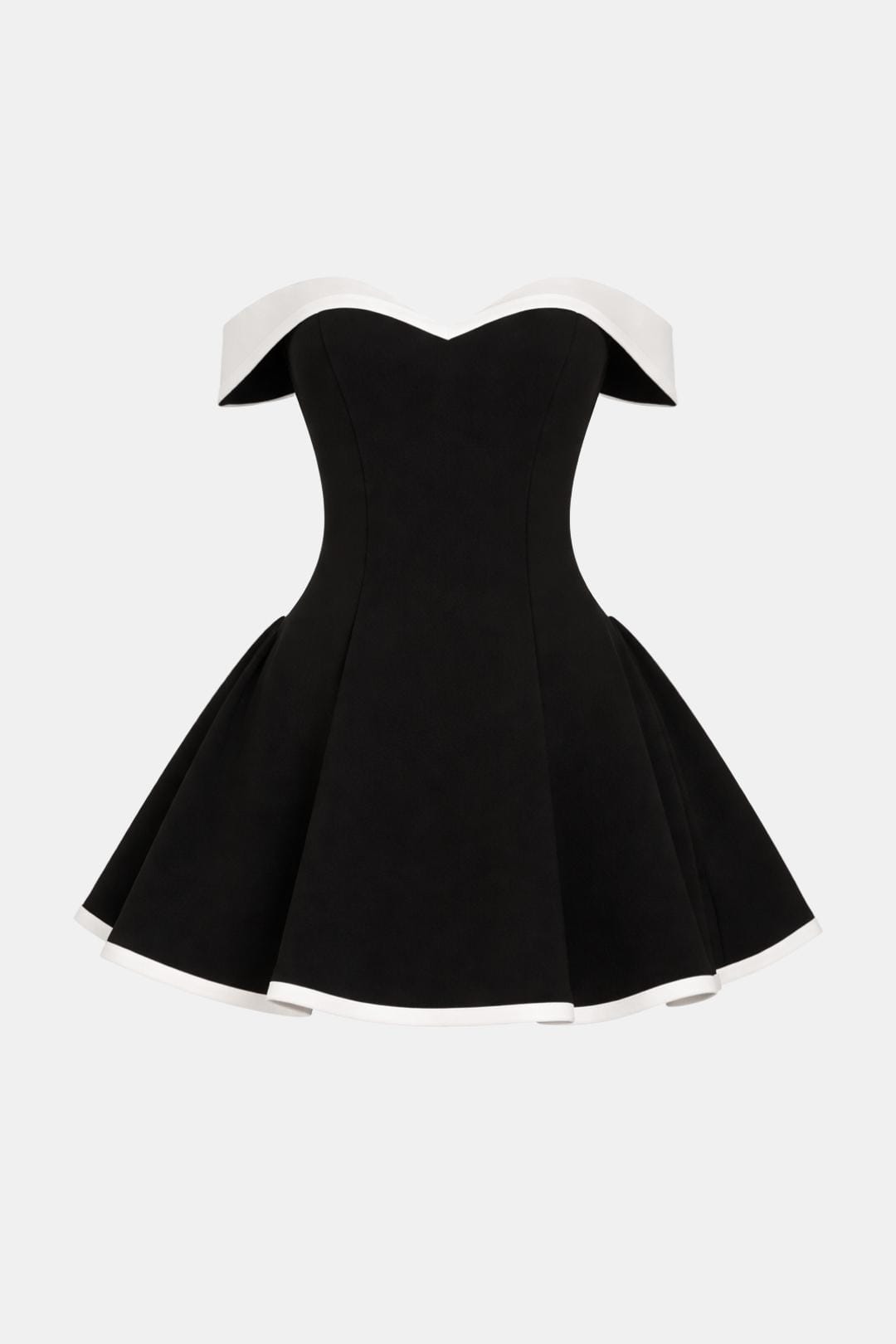 Off-Shoulder Flared Mini Dress in Black – product view showing white trim
