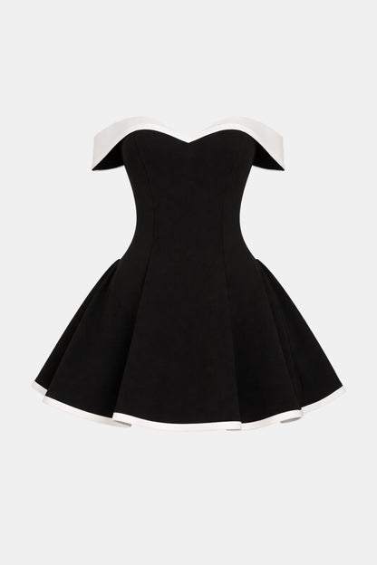 Off-Shoulder Flared Mini Dress in Black – product view showing white trim