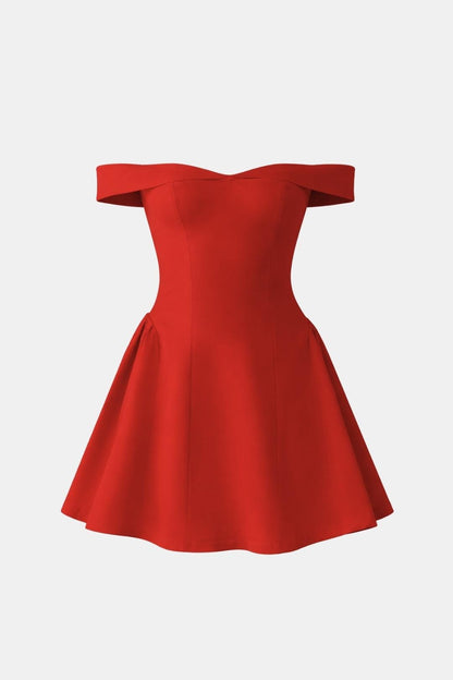 Off-Shoulder Flared Mini Dress in Red – product view without model