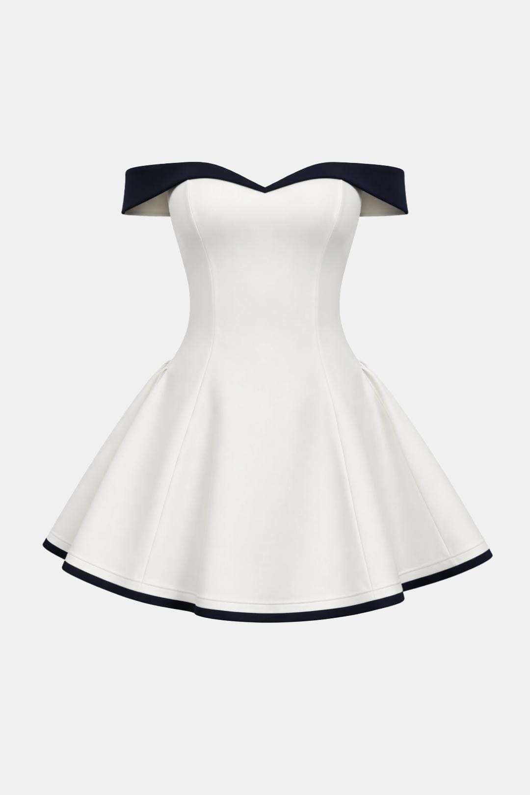 Off-Shoulder Flared Mini Dress in White – product view showing navy trim