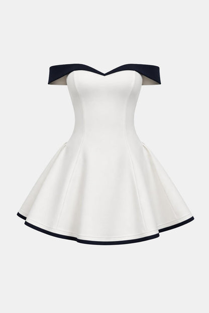 Off-Shoulder Flared Mini Dress in White – product view showing navy trim