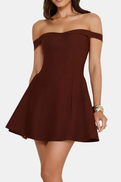 Off-Shoulder Flared Mini Dress in Wine Red – front view
