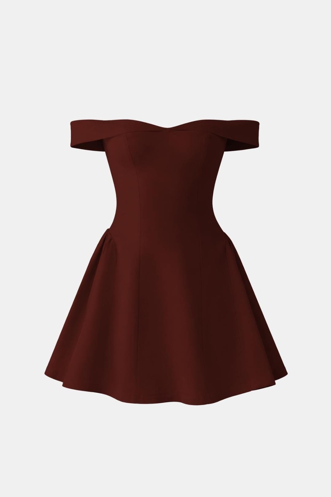 Off-Shoulder Flared Mini Dress in Wine Red – product view without model