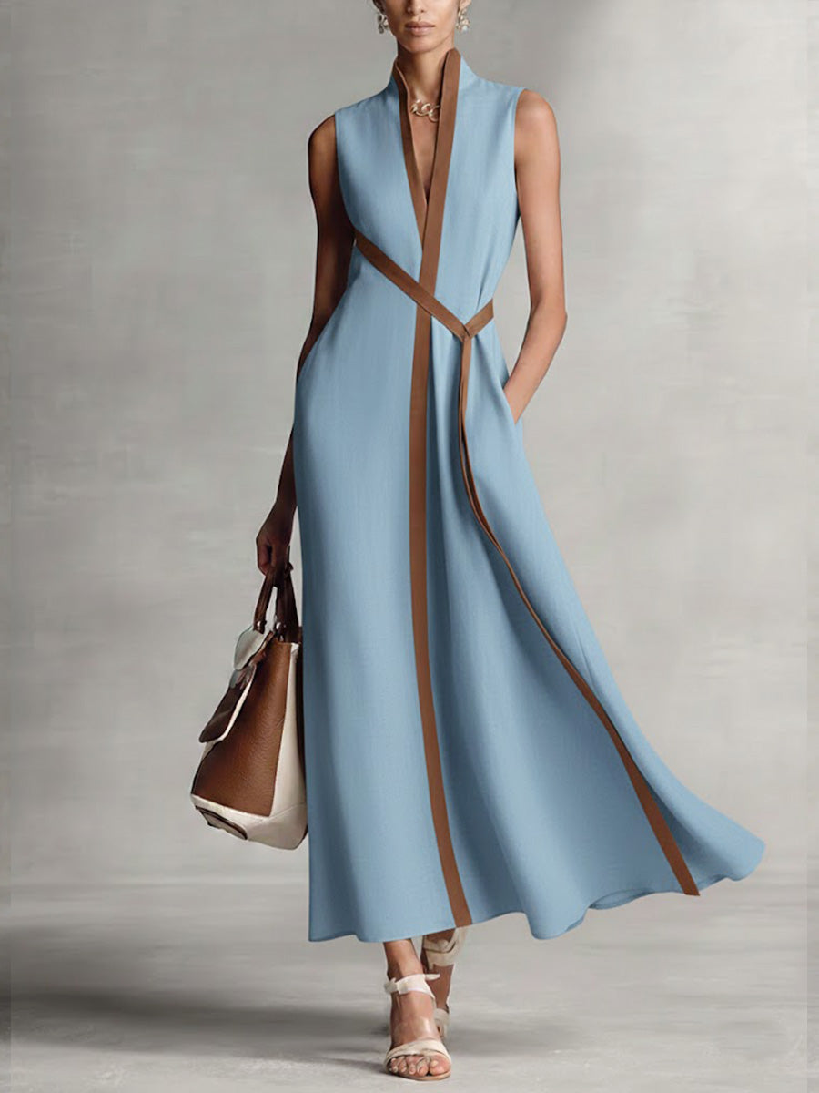 Mandarin Collar Sleeveless Maxi Dress – Blue