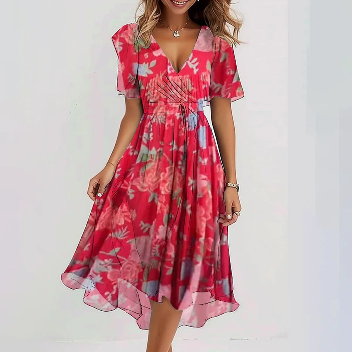 Printed Short Sleeve V-Neck Mini Dress – Red