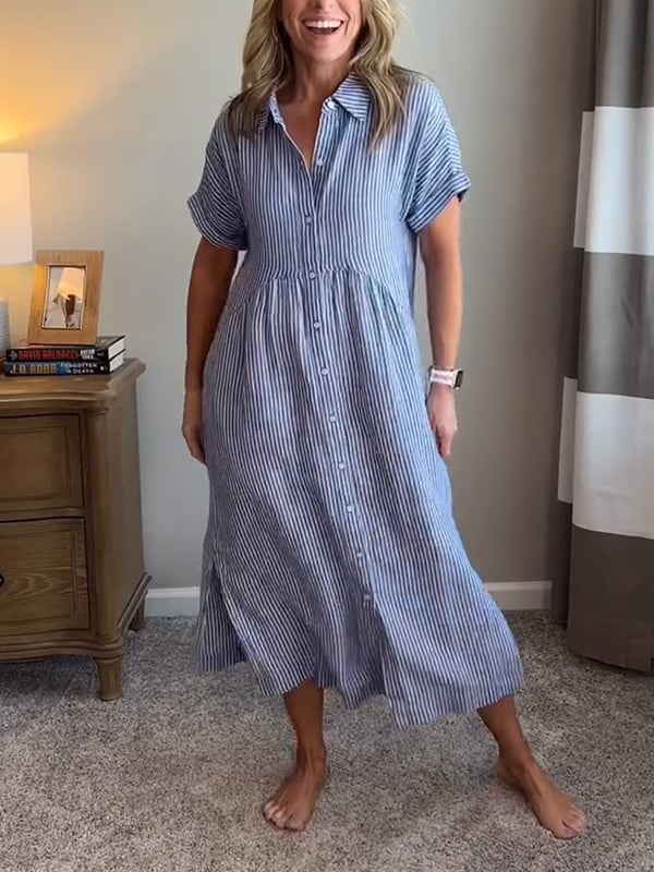 Striped Lapel Collar Button Shirt Dress – Blue