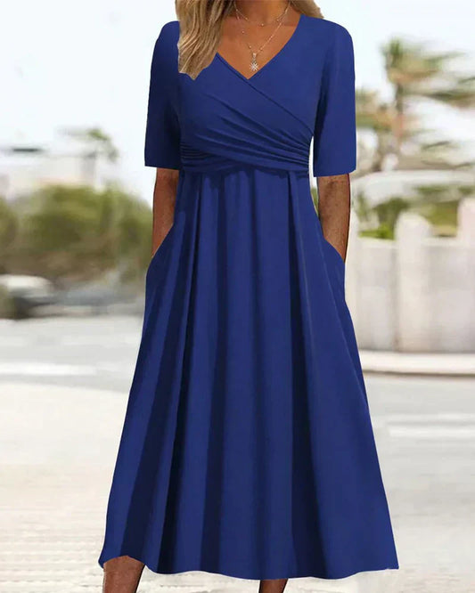 Crossover V-Neck Short Sleeve Midi Dress – Blue