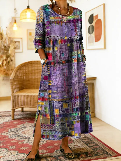 Ethnic Print Patchwork Maxi Dress – Purple