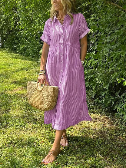 Striped Lapel Collar Button Shirt Dress – Pink