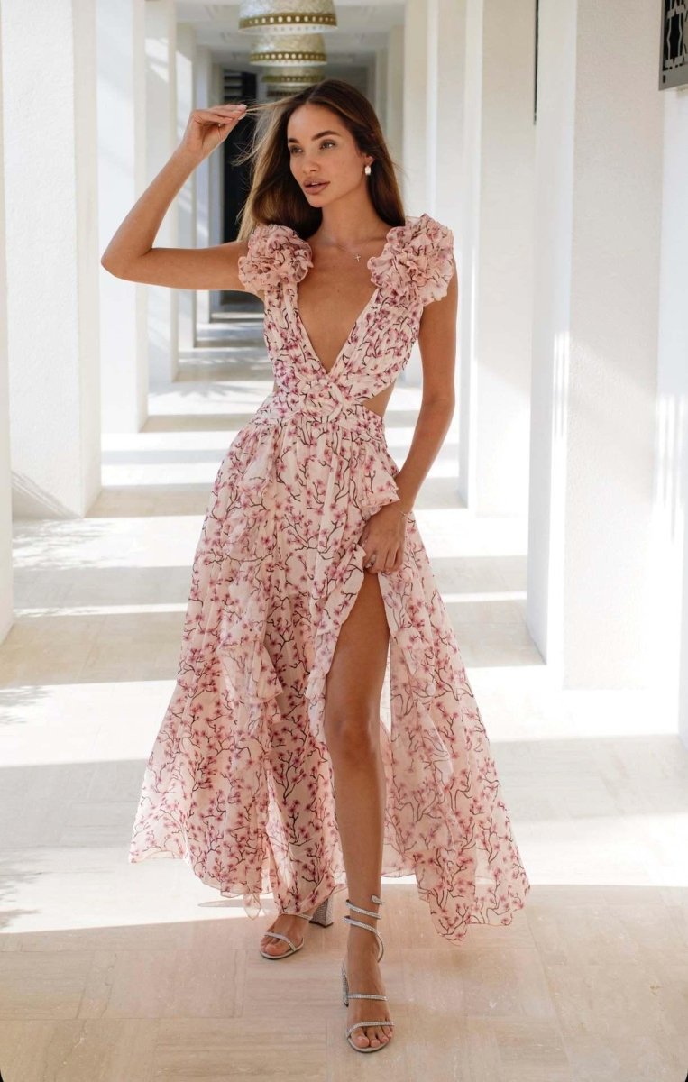 Pink Floral Cut-Out Maxi Dress with Ruffle Sleeves – lifestyle full-length front view