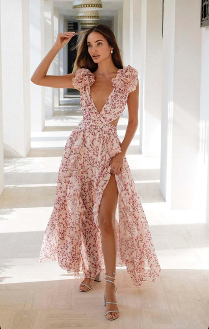 Pink Floral Cut-Out Maxi Dress with Ruffle Sleeves – lifestyle full-length front view