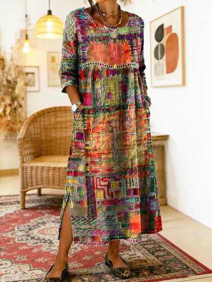Ethnic Print Patchwork Maxi Dress – Orange