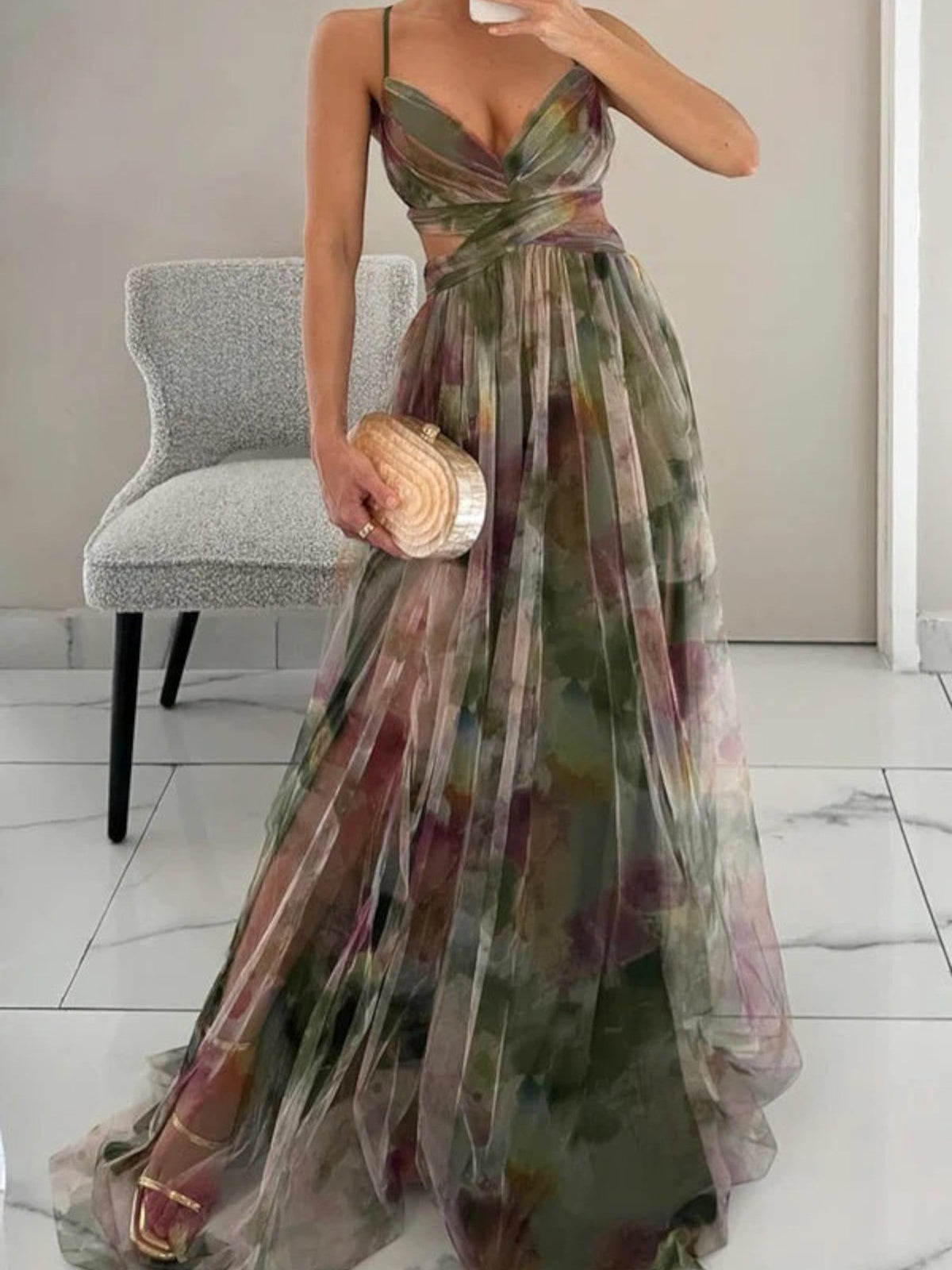 Watercolour Floral V-Neck Maxi Dress in Green – front view with clutch