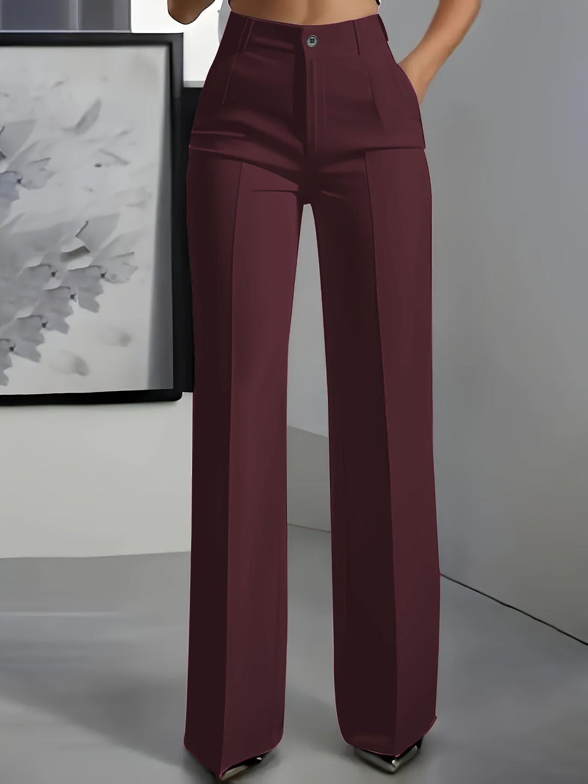 High Waisted Pleated Straight Leg Trousers – Red