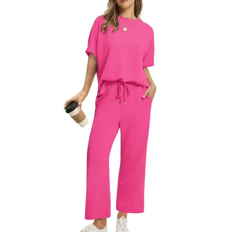 Half Sleeve Top and Drawstring Pants Set – Rose Red