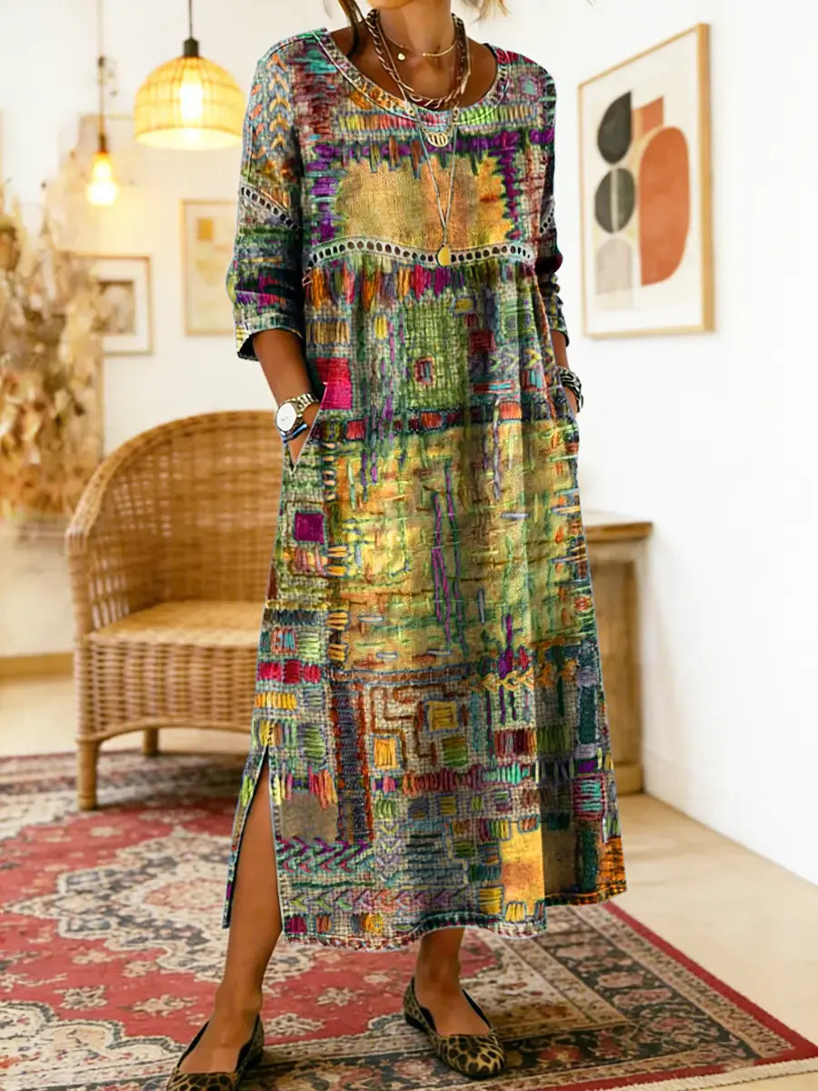 Ethnic Print Patchwork Maxi Dress – Yellow