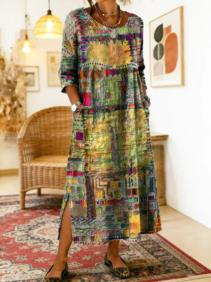 Ethnic Print Patchwork Maxi Dress – Yellow
