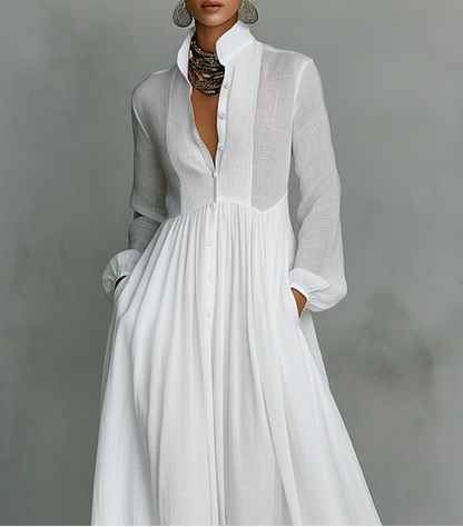White High Collar Long Sleeve Maxi Dress – view 3