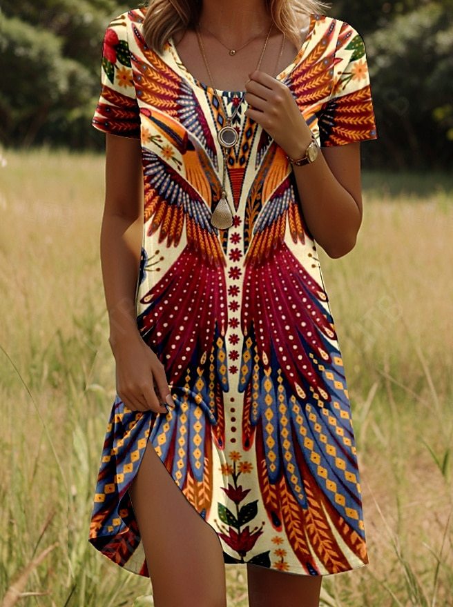 Boho Print Midi Dress with Adjustable Straps – Orange