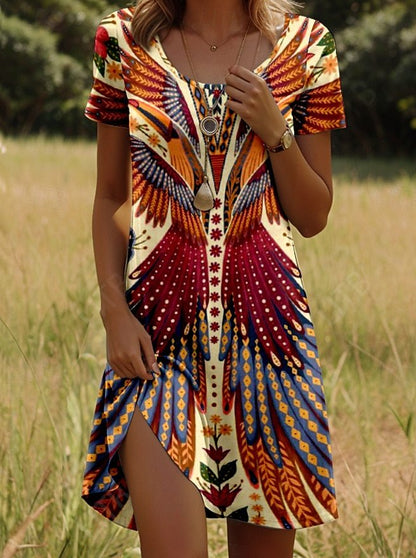 Boho Print Midi Dress with Adjustable Straps – Orange