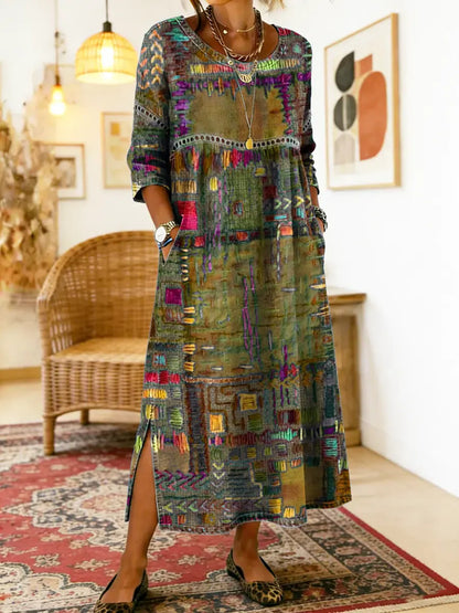 Ethnic Print Patchwork Maxi Dress – Army Green