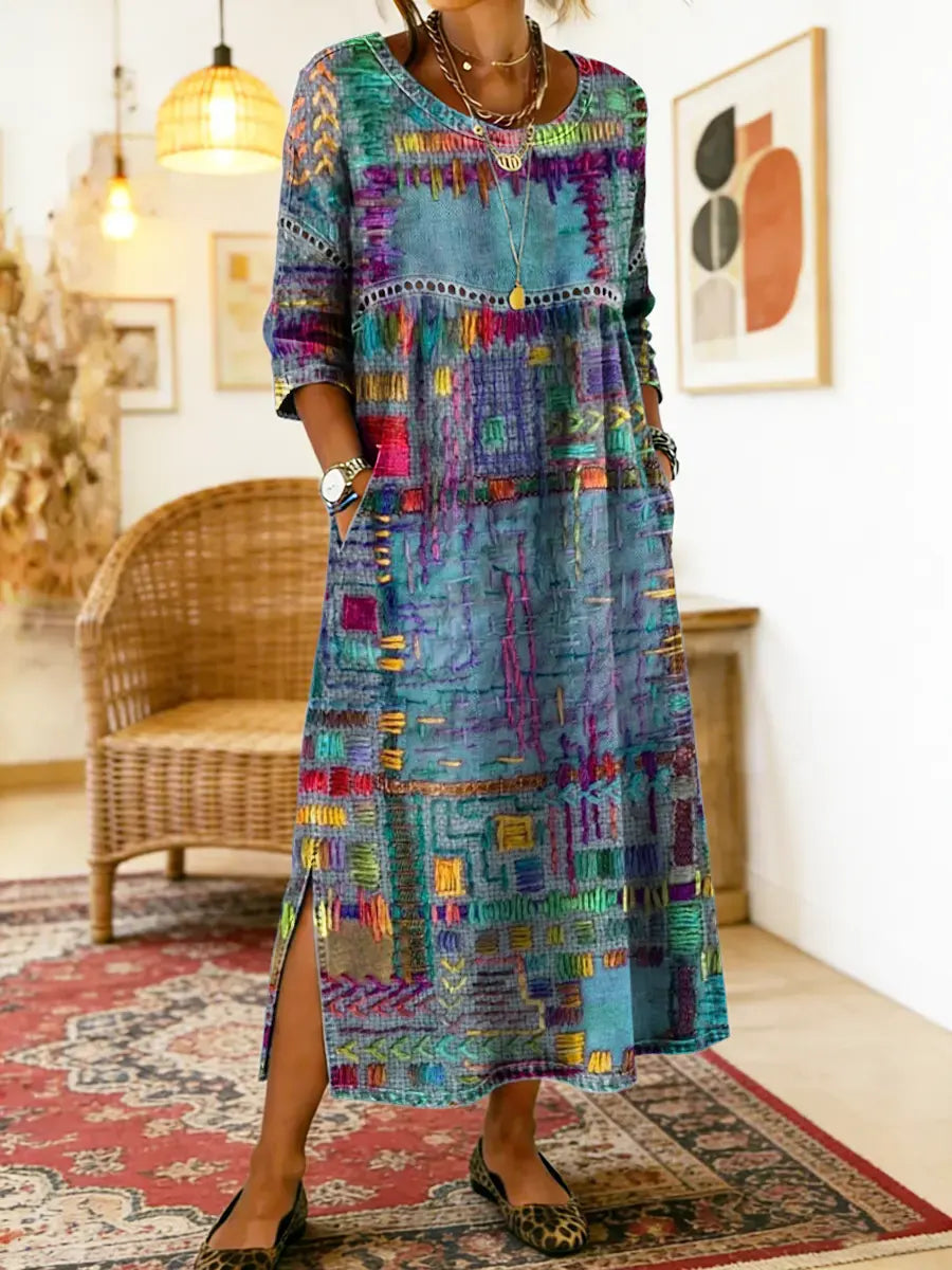 Ethnic Print Patchwork Maxi Dress – Blue