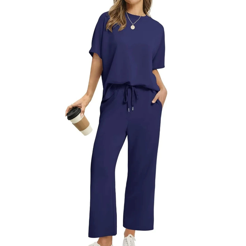 Half Sleeve Top and Drawstring Pants Set – Navy