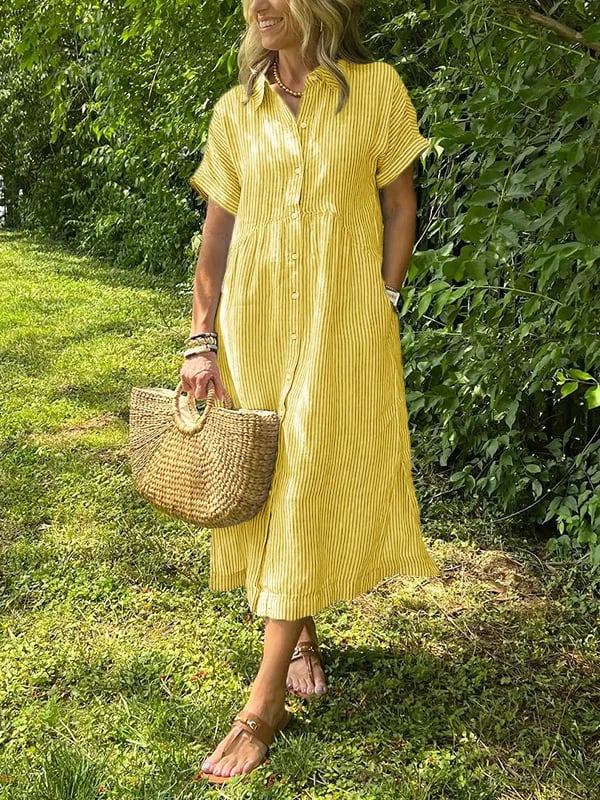 Striped Lapel Collar Button Shirt Dress – Yellow