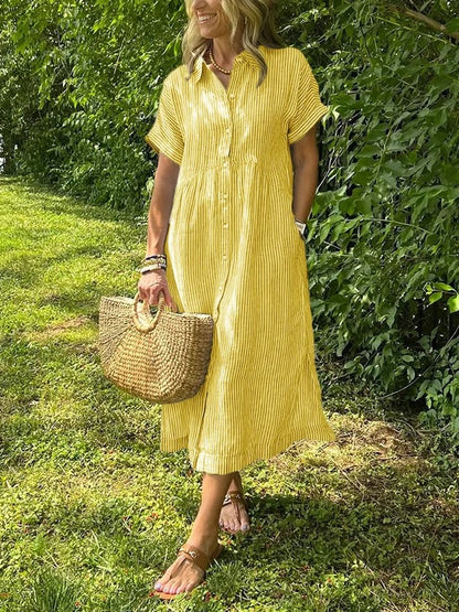 Striped Lapel Collar Button Shirt Dress – Yellow