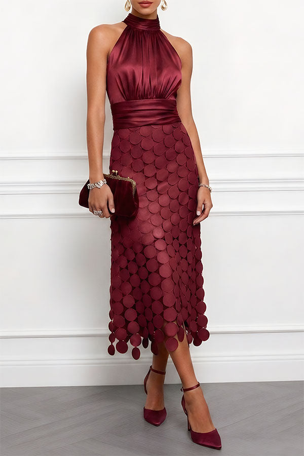 Textured Halter Neck Midi Dress – Wine Red