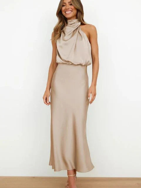 High Neck Sleeveless Draped Midi Dress – Beige