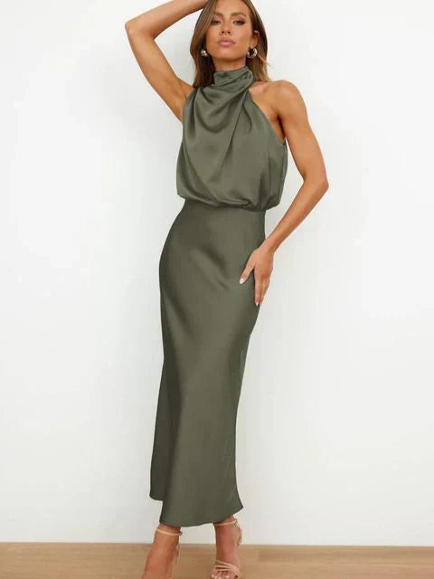 High Neck Sleeveless Draped Midi Dress – Green