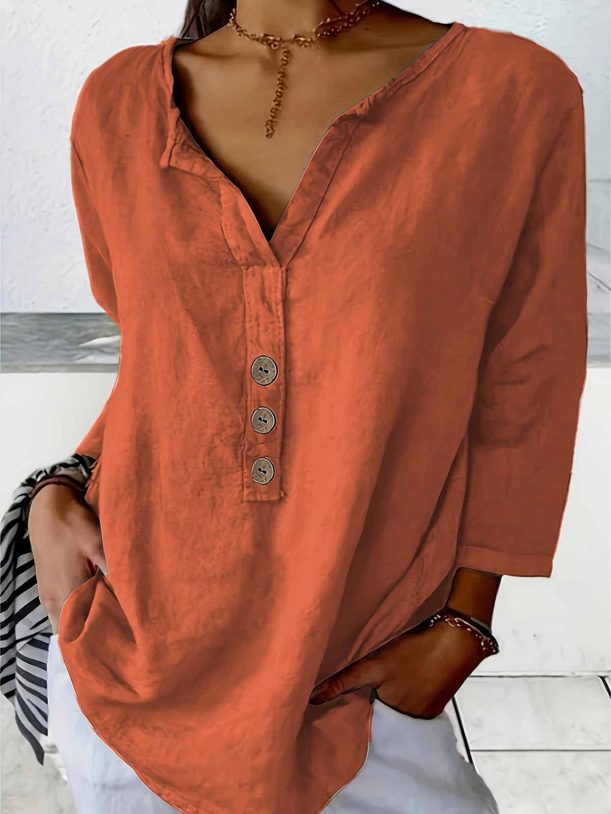 Cotton V-Neck Button Detail Blouse – Orange