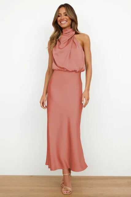 High Neck Sleeveless Draped Midi Dress – Pink