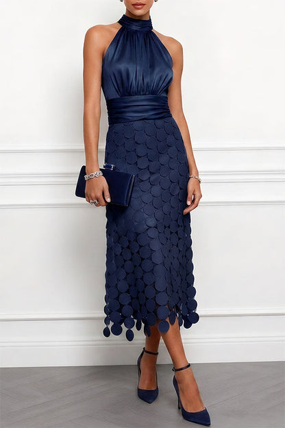 Textured Halter Neck Midi Dress – Navy