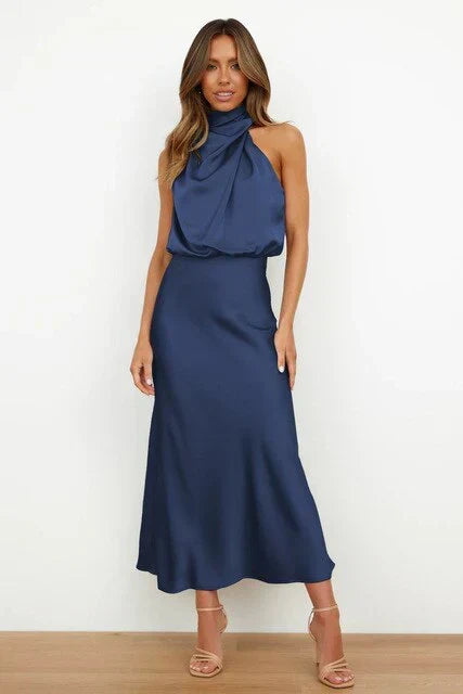 High Neck Sleeveless Draped Midi Dress – Blue