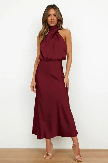 High Neck Sleeveless Draped Midi Dress – Red