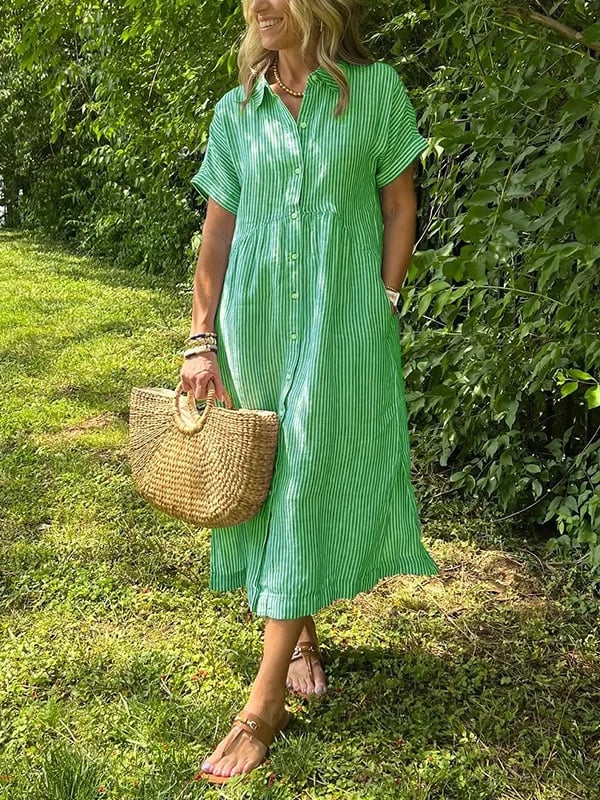 Striped Lapel Collar Button Shirt Dress – Green