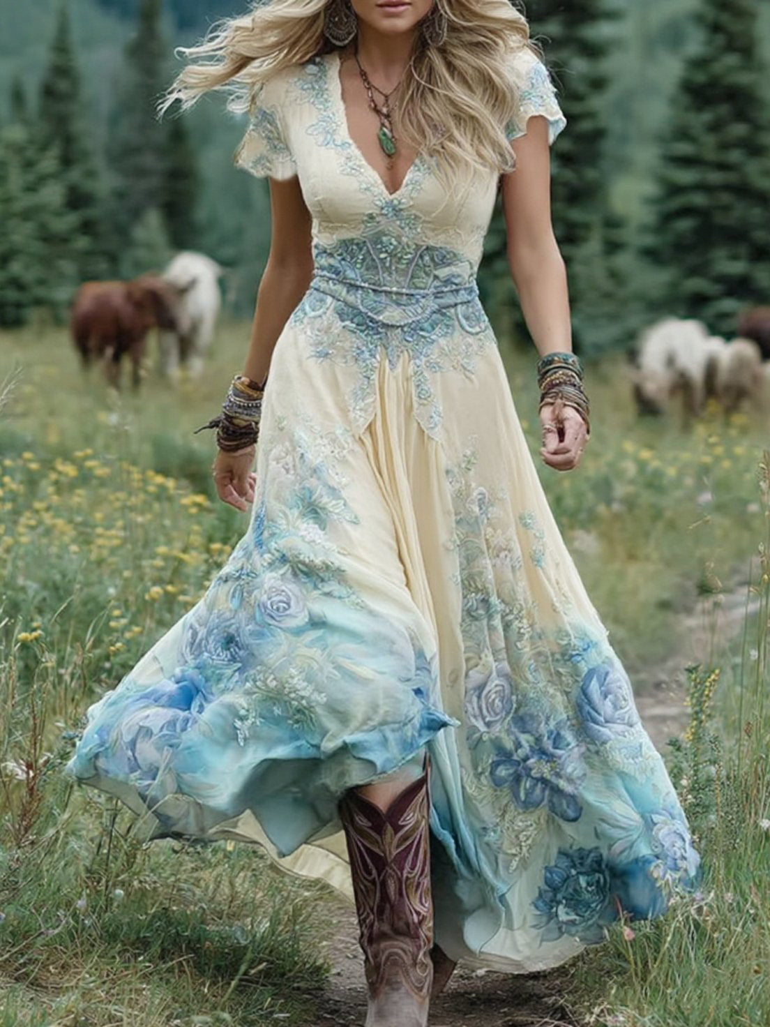 Floral V-Neck Short Sleeve Cotton Maxi Dress – Apricot