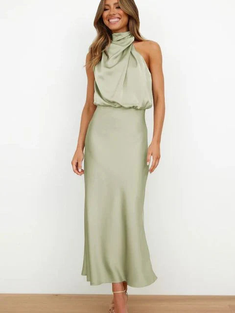 High Neck Sleeveless Draped Midi Dress – Army Green