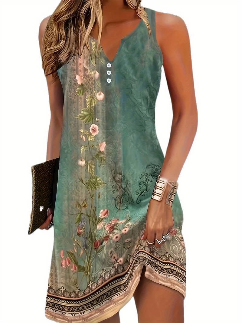 Sleeveless Printed Button V-Neck Mini Dress – Green